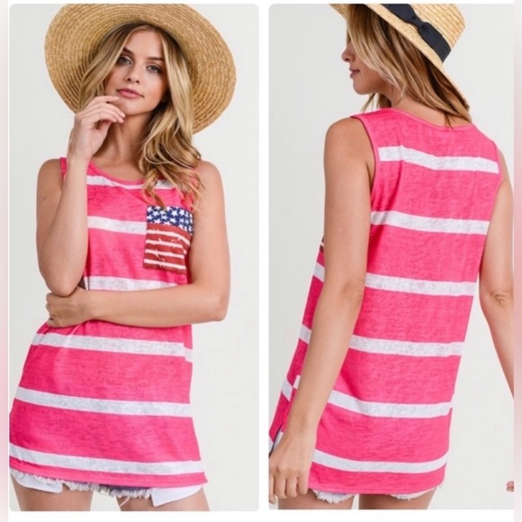 👚NWOT Pink & White Striped Tank Tops with American 🇺🇸 Flag Pocket - Picture 3 of 4